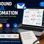 Outbound email automation infographic showing a laptop with an email workflow sequence, campaign stats, and icons for targeting, personalization, productivity, and increased conversions