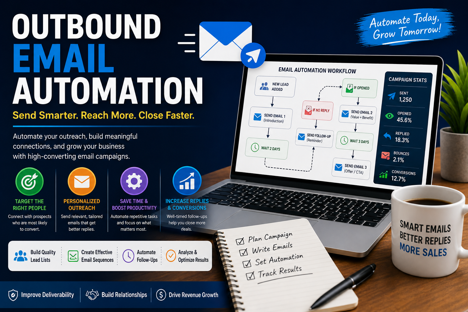 Outbound email automation infographic showing a laptop with an email workflow sequence, campaign stats, and icons for targeting, personalization, productivity, and increased conversions