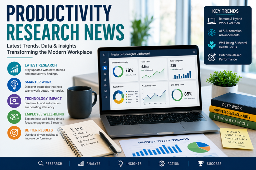 Productivity research news dashboard displayed on a laptop with analytics charts, AI insights, remote work trends, and a modern workspace setup showing data-driven performance metrics.