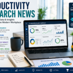 Productivity research news dashboard displayed on a laptop with analytics charts, AI insights, remote work trends, and a modern workspace setup showing data-driven performance metrics.