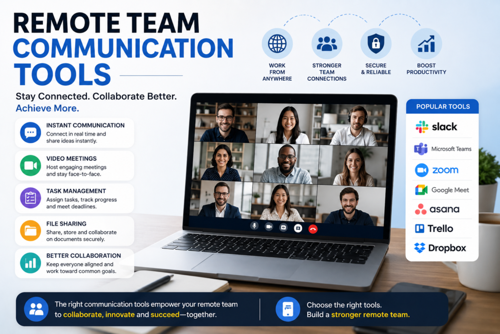 Modern infographic banner showing remote team communication tools with a laptop displaying a video call grid of team members, highlighting features like instant messaging, video meetings, task management, file sharing, and collaboration, alongside popular tools such as Slack, Zoom, Microsoft Teams, Google Meet, Asana, Trello, and Dropbox.