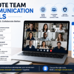Modern infographic banner showing remote team communication tools with a laptop displaying a video call grid of team members, highlighting features like instant messaging, video meetings, task management, file sharing, and collaboration, alongside popular tools such as Slack, Zoom, Microsoft Teams, Google Meet, Asana, Trello, and Dropbox.