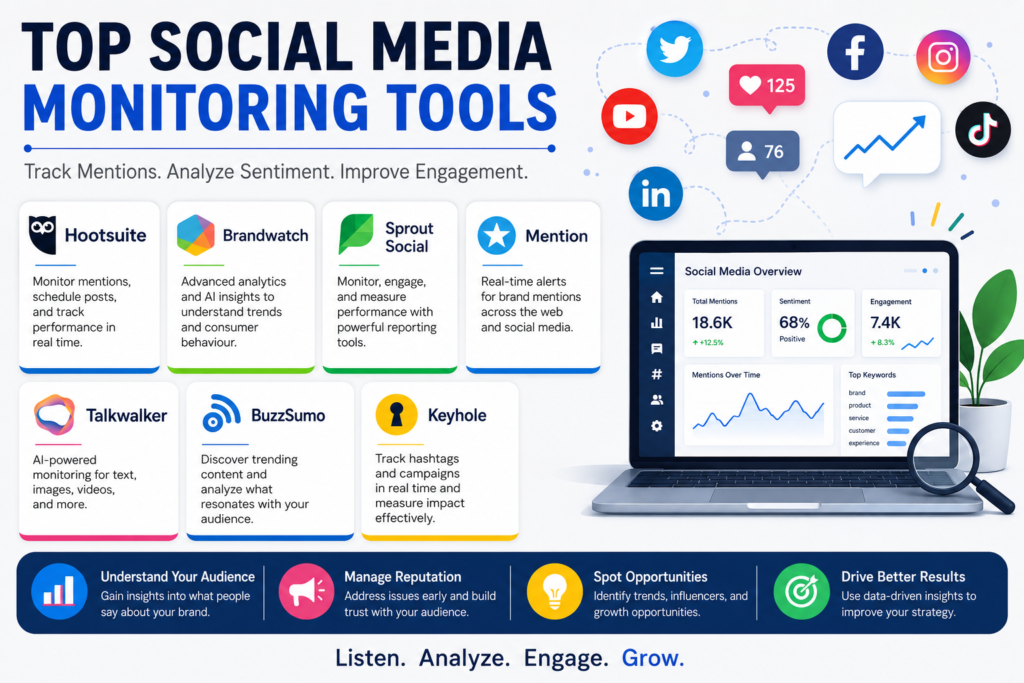 Clean modern infographic banner illustrating top social media monitoring tools with analytics dashboard, charts, notifications, and digital marketing elements on a white background.