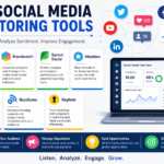 Clean modern infographic banner illustrating top social media monitoring tools with analytics dashboard, charts, notifications, and digital marketing elements on a white background.