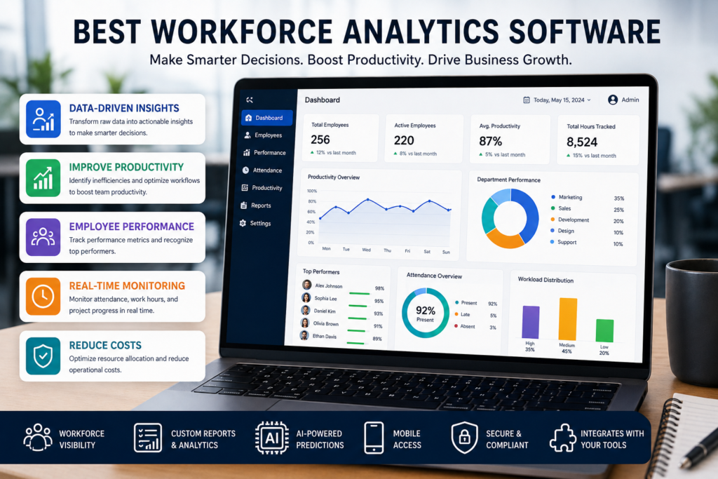 Modern workforce analytics software dashboard displayed on a laptop, showing employee performance metrics, productivity trends, real-time monitoring, and data-driven insights for business optimization.