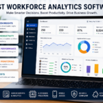 Modern workforce analytics software dashboard displayed on a laptop, showing employee performance metrics, productivity trends, real-time monitoring, and data-driven insights for business optimization.