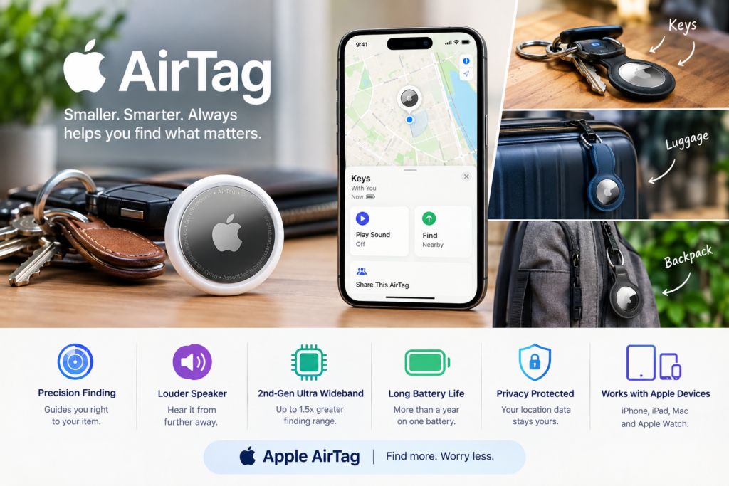 Apple AirTag with iPhone Find My app showing Precision Finding, featuring AirTag uses for keys, luggage, and backpacks.