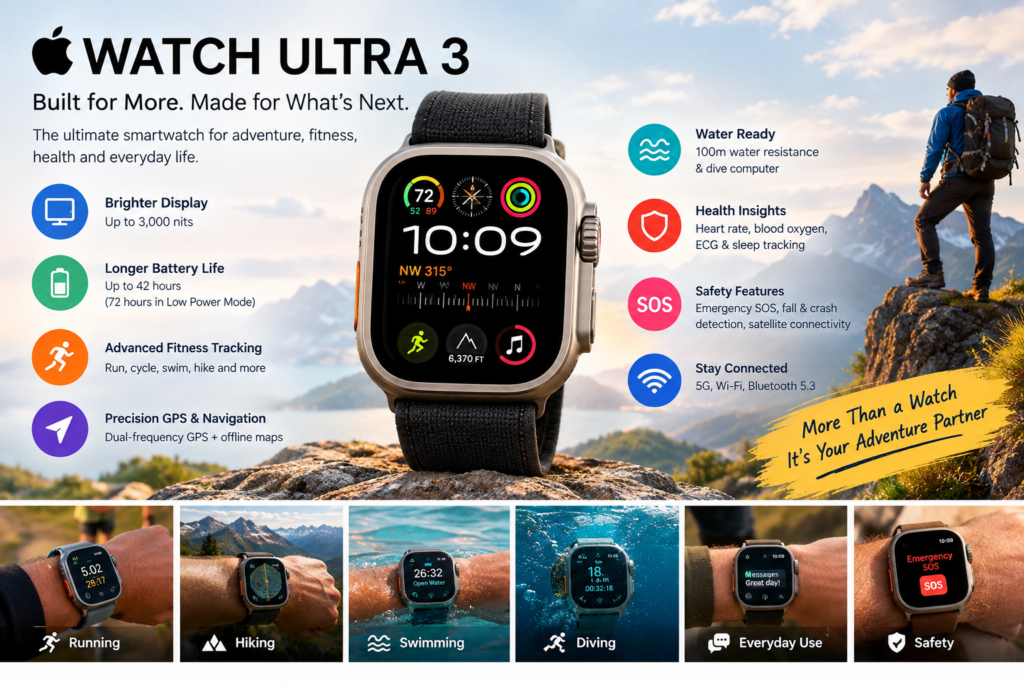 Apple Watch Ultra 3 with a rugged titanium design, bright display, fitness tracking, GPS navigation, health monitoring, long battery life, and outdoor features.