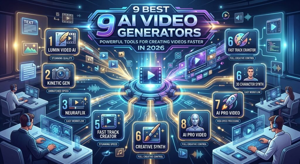 9 Best AI Video Generators in 2026: Powerful Tools for Creating Videos Faster Digital illustration of '9 BEST AI VIDEO GENERATORS IN 2026', showcasing 9 named AI tools, icons, descriptors, and human operators working in a connected production flow environment.
