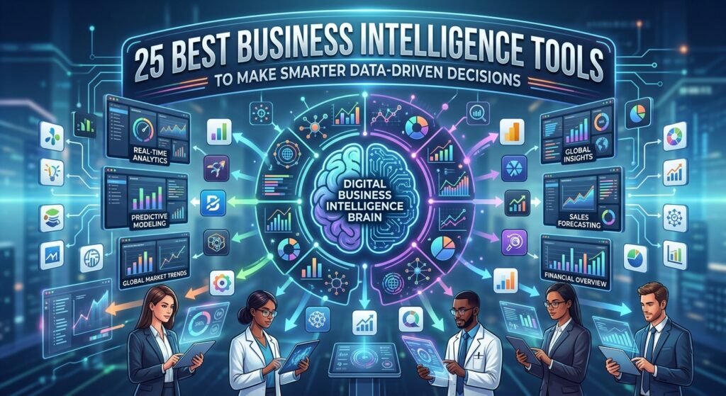 25 Powerful Business Intelligence Tools in 2026 for Smarter Data-Driven Decisions An infographic titled "25 Best Business Intelligence Tools to Make Smarter Data-Driven Decisions," featuring a central digital brain connected to real-time analytics, predictive modeling, and sales forecasting dashboards.