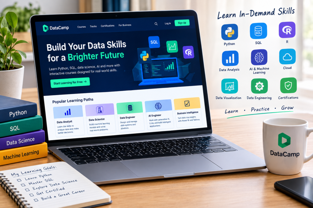 DataCamp Courses in 2026: 9 Powerful Ways to Master Data Skills & Boost Your Career DataCamp courses on a laptop with Python, SQL, R, data science, AI, machine learning, and certification learning paths.