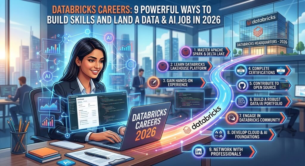 Databricks Careers: 9 Powerful Ways to Build Skills and Land a Data & AI Job in 2026 Data & AI job at Databricks in 2026. The main header reads "Databricks Careers: 9 Powerful Ways to Build Skills and Land a Data & AI Job in 2026."