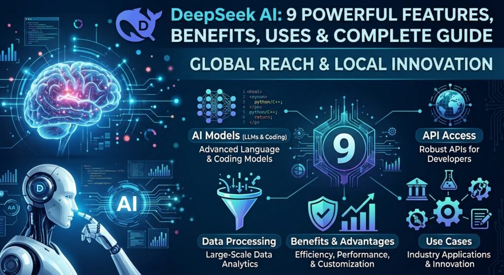 An infographic thumbnail titled "DeepSeek AI: 9 Powerful Features, Benefits, Uses & Complete Guide." The visual features a dark futuristic blue theme with a glowing digital brain, a humanoid robot, and structured sections showcasing AI models, API access, data processing, and benefits.