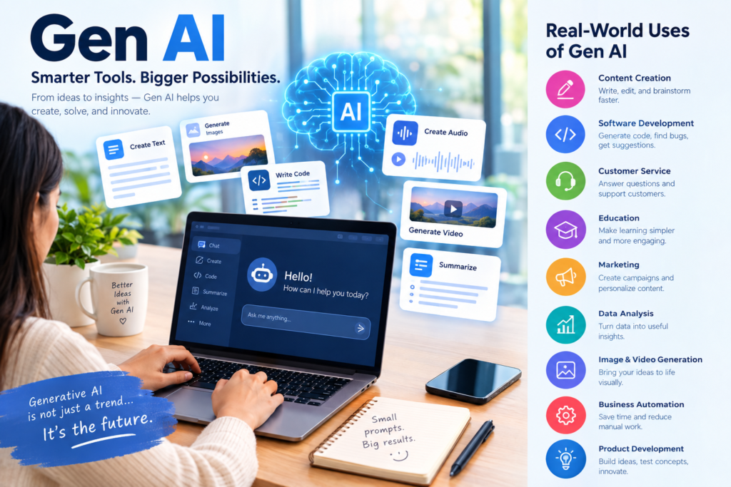 Gen AI technology showing content creation, coding, customer service, education, marketing, data analysis, and business automation.
