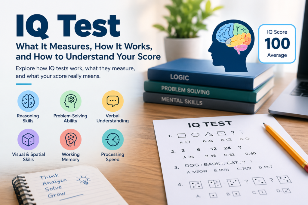 IQ tests worksheet with logic puzzles, brain illustration, IQ score 100, and key cognitive skills such as reasoning, problem-solving, memory, and processing speed.
