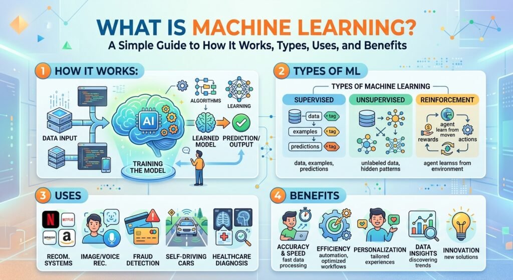 What Is Machine Learning? 7 Essential Facts, Types, Uses & Benefits Explained An infographic titled "What Is Machine Learning?" illustrating how ML works, its main types (supervised, unsupervised, reinforcement), common uses, and core business benefits.