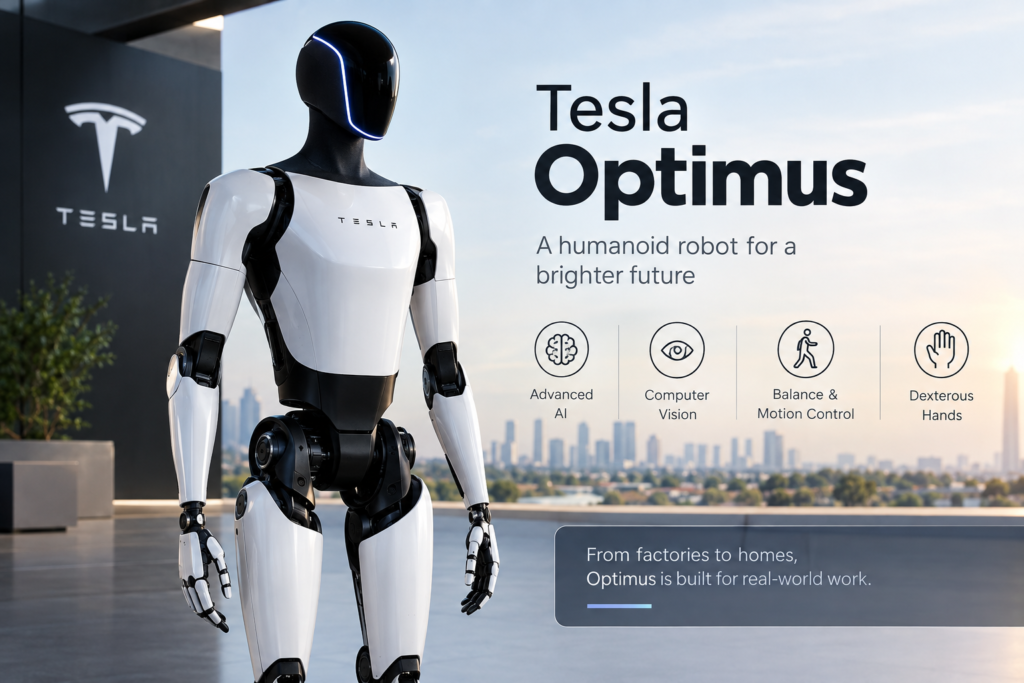 Tesla Optimus robot showcasing advanced AI, computer vision, motion control, and robotic technology in a modern futuristic setting.