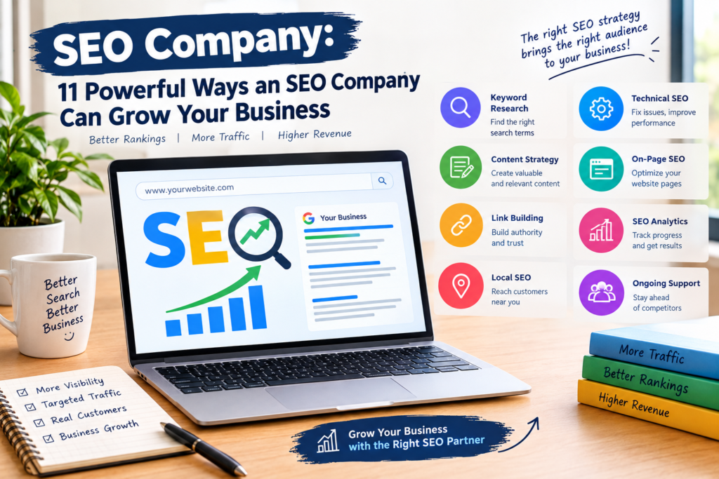 SEO company infographic showing keyword research, technical SEO, content strategy, on-page SEO, link building, local SEO, analytics, and business growth.