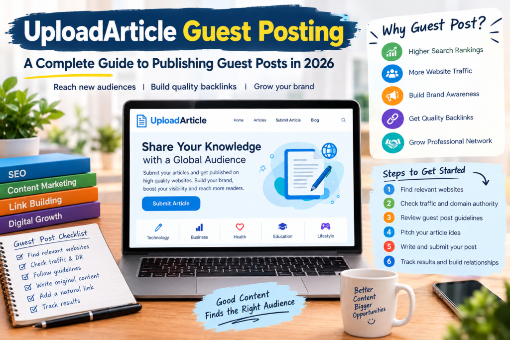 UploadArticle guest posting guide showing article submission, SEO, content marketing, link building, website traffic, and steps for publishing guest posts in 2026.