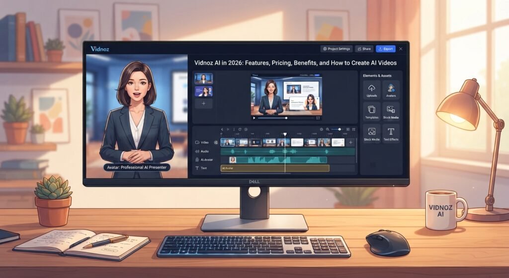 Vidnoz AI in 2026: Features, Pricing, Benefits, and How to Create AI Videos A cozy modern desk setup with a monitor displaying an AI video editing dashboard and the title "Vidnoz AI in 2026: Features, Pricing, Benefits, and How to Create AI Videos," alongside a keyboard, mouse, notebook, and a coffee mug labeled "VIDNOZ AI"