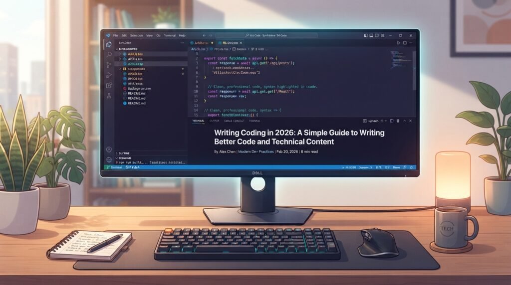 Writing Coding in 2026: A Simple Guide to Writing Better Code and Technical Content A cozy modern workspace with a monitor displaying clean code and the title "Writing Coding in 2026: A Simple Guide to Writing Better Code and Technical Content," alongside a mechanical keyboard, a notebook, and a coffee mug
