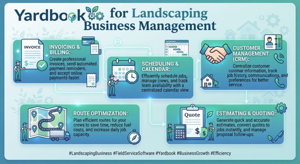 Yardbook in 2026: Powerful Landscaping Business Software to Manage Jobs, Customers, and Growth An infographic titled "Yardbook for Landscaping Business Management" featuring key features such as Invoicing & Billing, Scheduling & Calendar, Customer Management (CRM), Route Optimization, and Estimating & Quoting.