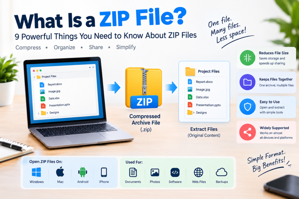 What is a ZIP file infographic showing how multiple files are compressed into a ZIP archive, extracted again, and used for documents, photos, software, web files, and backups.
