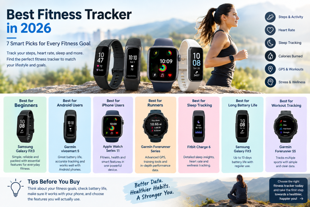 Best fitness tracker in 2026 compared for beginners, Android and iPhone users, runners, sleep tracking, long battery life, and workouts.