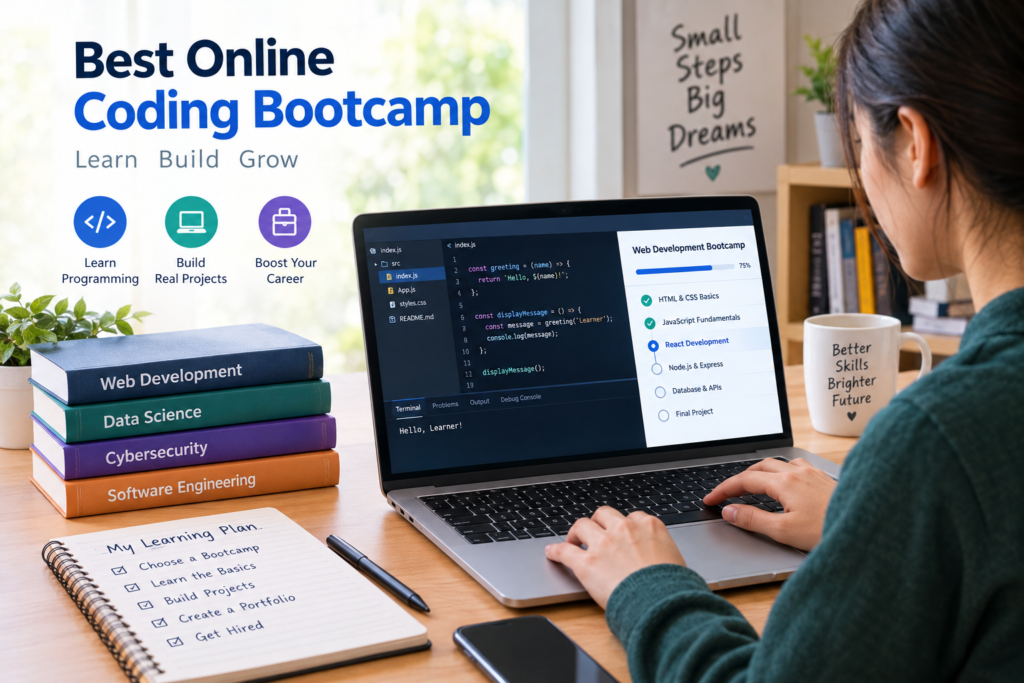 Best online coding bootcamp with a student learning web development and coding on a laptop.