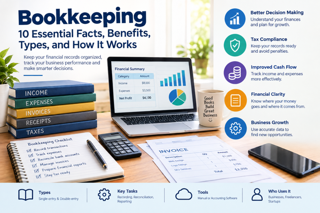 Professional bookkeeping workspace with financial records, invoices, calculator, laptop, accounting reports, and key bookkeeping benefits for businesses and freelancers.