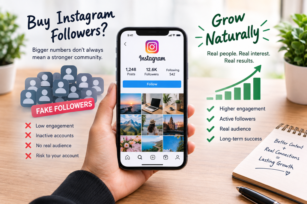 Buy Instagram followers vs organic Instagram growth, showing fake followers, low engagement risks, and the benefits of building a real audience.