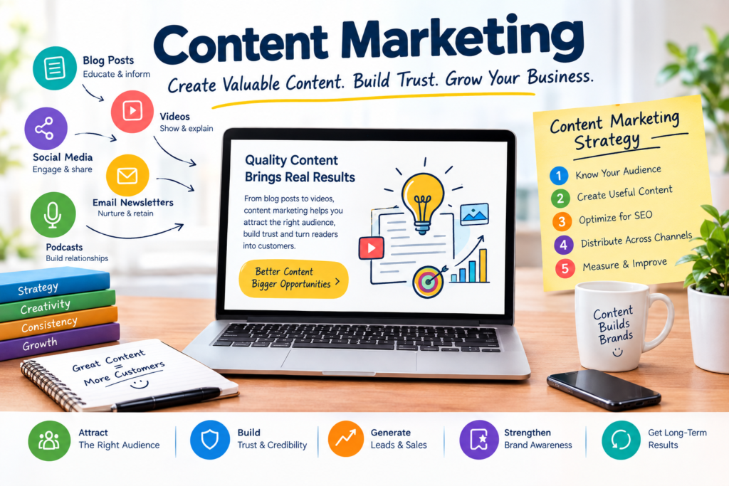 Content Marketing in 2026: 9 Powerful Strategies to Grow Traffic, Engagement & Conversions Content marketing strategy showing SEO, blogs, social media, email, video, audience engagement, brand awareness, leads, and business growth.