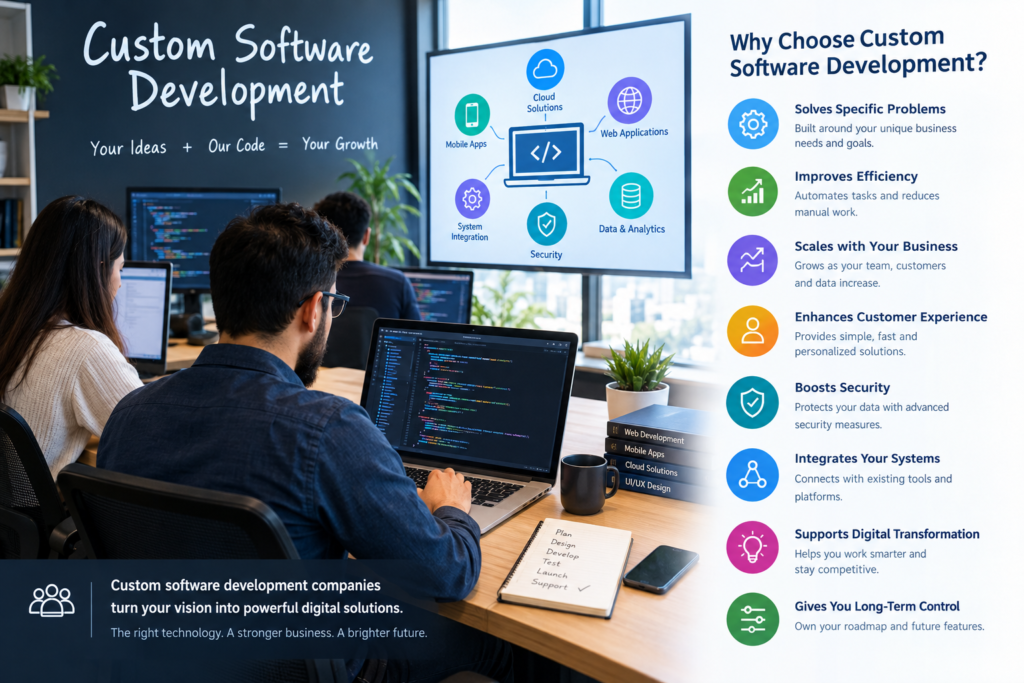 custom software development companies team building tailored web, mobile, and cloud software solutions for businesses.