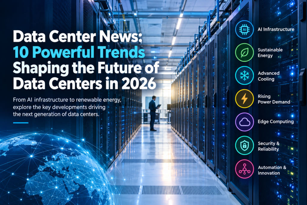 Modern data center news with server racks, AI infrastructure, advanced cooling, sustainable energy, edge computing, and emerging technology trends in 2026.