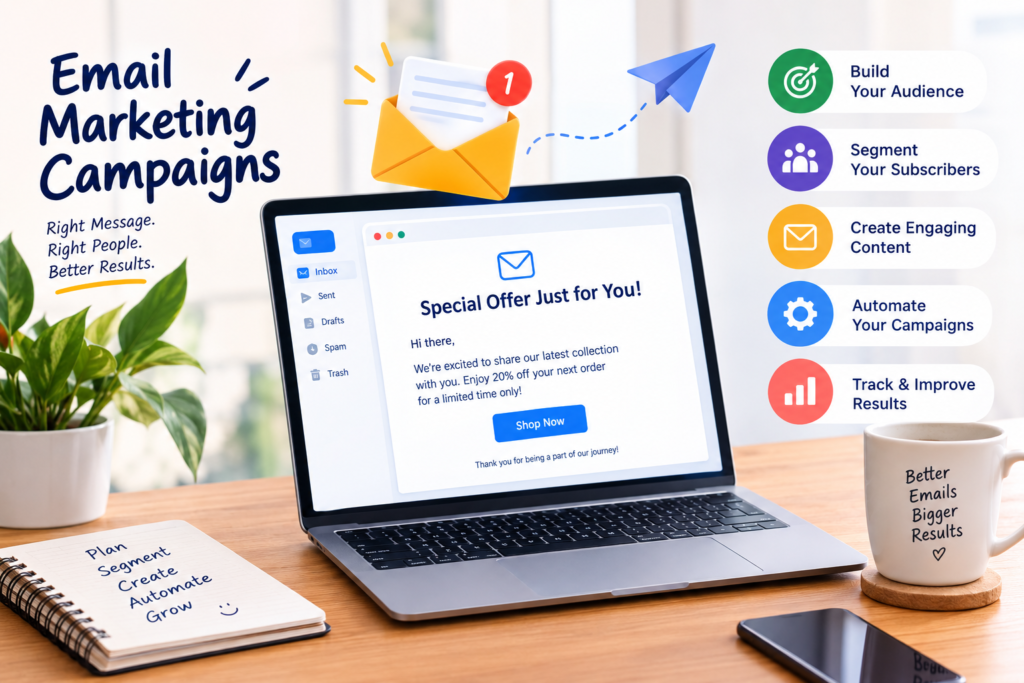 Email marketing campaigns on a laptop showing a promotional email, audience segmentation, automation, content creation, and campaign performance tracking.