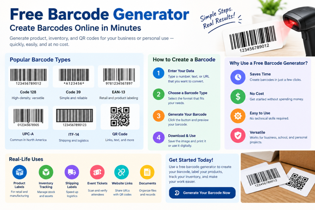 Free barcode generator infographic showing Code 128, Code 39, EAN-13, UPC-A, ITF-14, and QR codes, with steps for creating barcodes and uses for products, inventory, shipping, events, and documents.