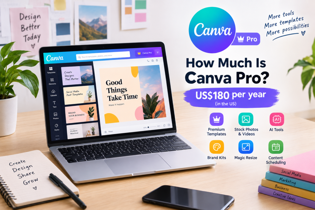 how much is Canva Pro pricing guide showing a laptop with Canva design tools, premium templates, AI features, brand kits, and US$180 annual pricing.