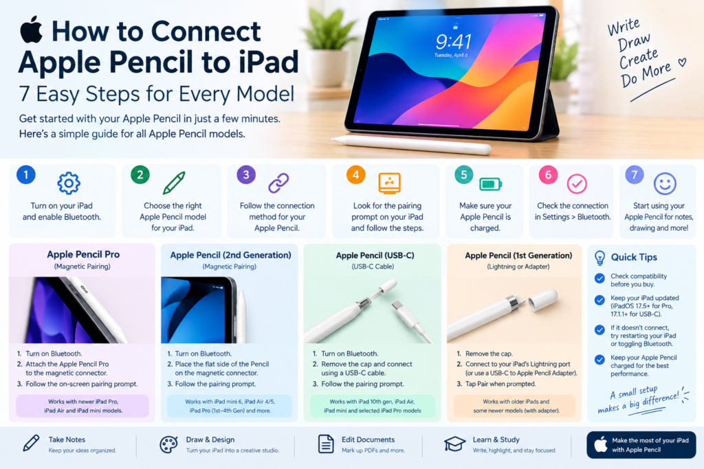 How to connect Apple Pencil to iPad, showing pairing steps for Apple Pencil Pro, 2nd generation, USB-C, and 1st generation models.
