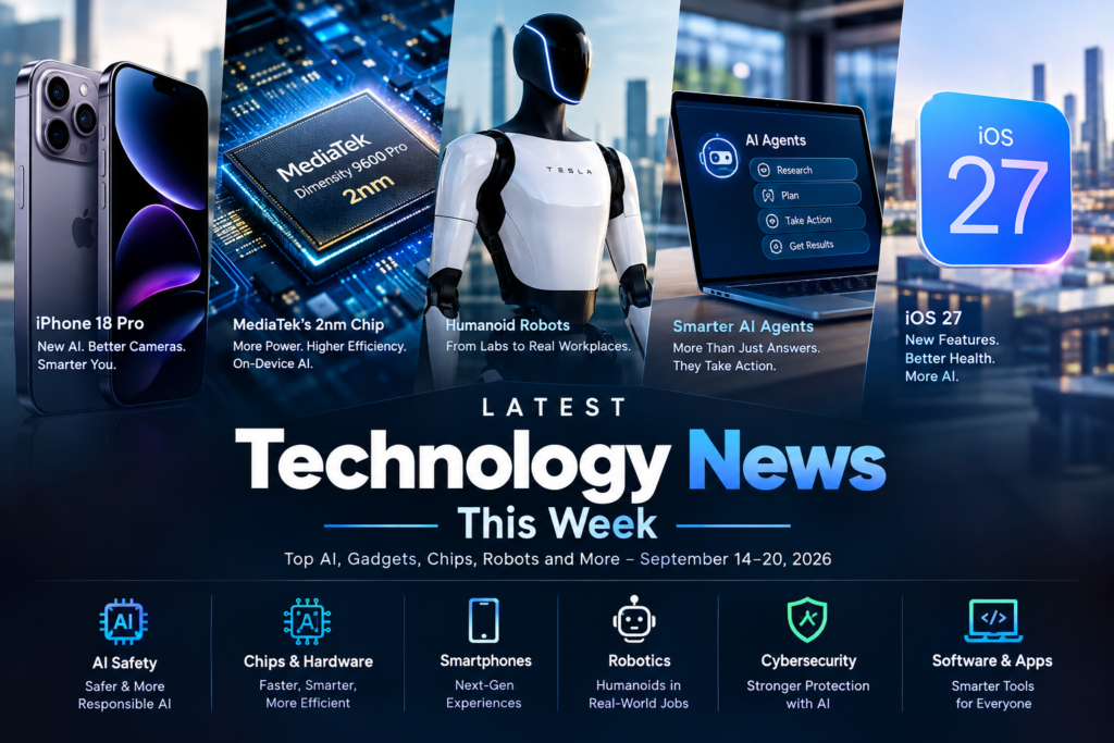Latest technology news this week featuring AI safety, iPhone 18 Pro, MediaTek 2nm chip, humanoid robots, AI agents, iOS 27, and cybersecurity.
