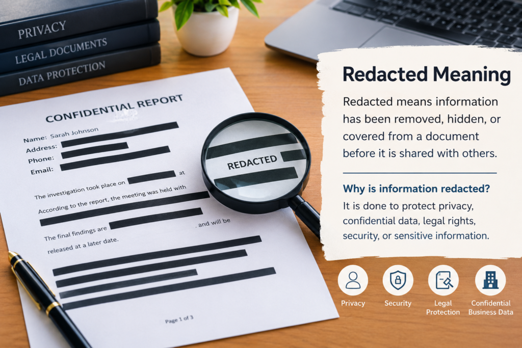 Redacted meaning explained with a confidential document showing hidden information, blacked-out text, and privacy and security concepts.