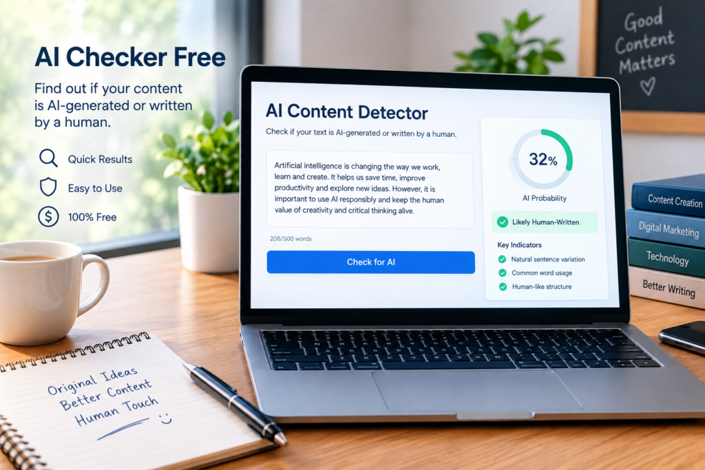 AI Checker Free: The Complete Guide to Checking AI-Generated Content in 2026 AI checker free tool analyzing text to detect AI-generated content on a laptop