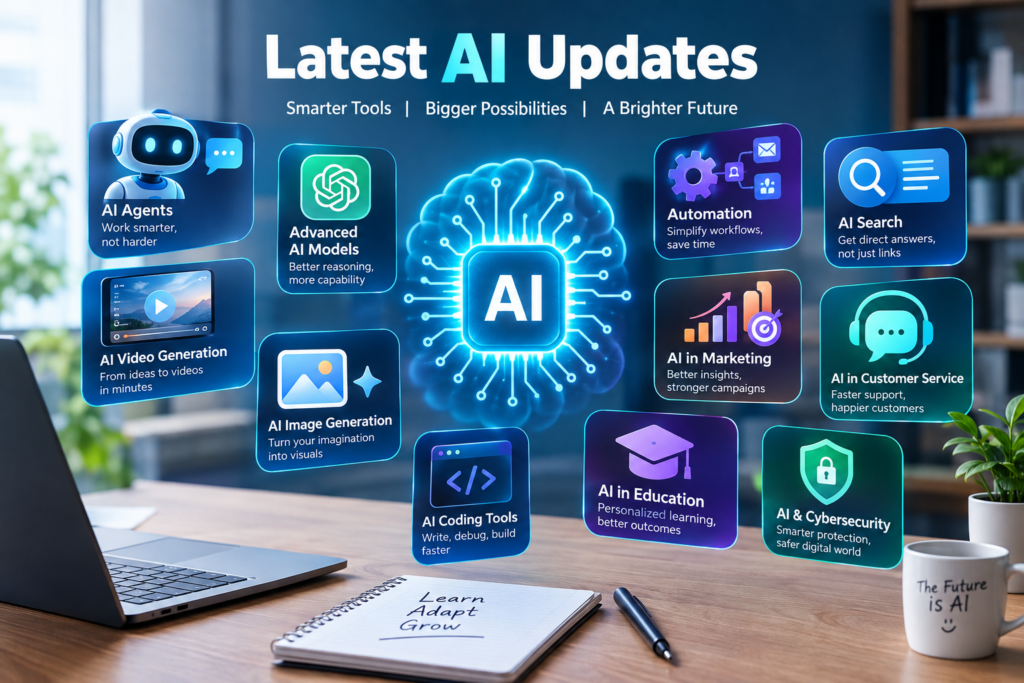 AI Updates in 2026: Latest Trends, Breakthroughs, and What They Mean for the Future Latest AI updates infographic showing AI agents, advanced AI models, automation, AI search, AI video and image generation, coding tools, marketing, education, customer service, and cybersecurity.