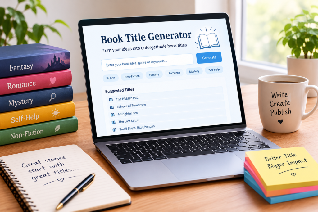 Book Title Generator tool for creating creative and catchy book titles for novels, ebooks, fiction, and nonfiction books.
