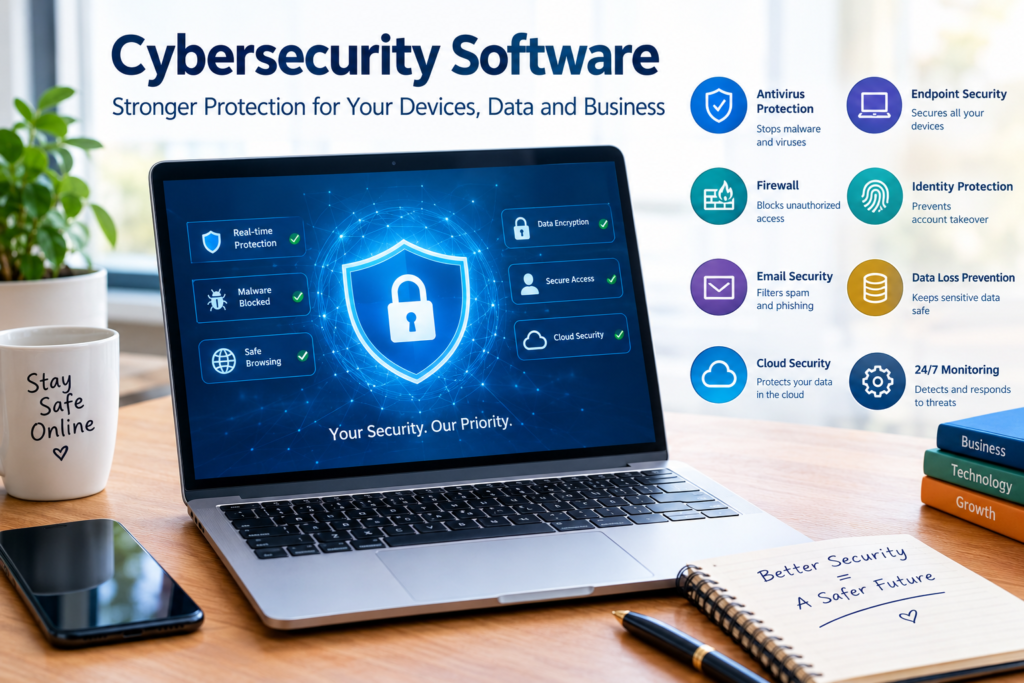 Cybersecurity Software: 7 Powerful Ways to Protect Your Business in 2026 Cybersecurity software protecting devices, networks, and business data with antivirus, firewall, malware detection, encryption, and cloud security features.