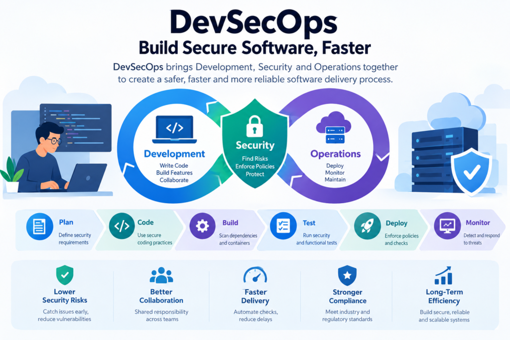 DevSecOps infographic showing Development, Security, and Operations working together to build secure software faster, with a six-step secure software delivery process.