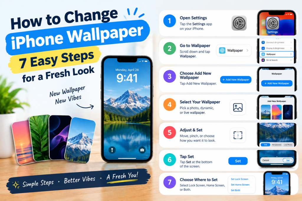 How to change iPhone wallpaper in 7 easy steps, with a visual guide to choosing, customizing, and setting a new Lock Screen or Home Screen wallpaper.