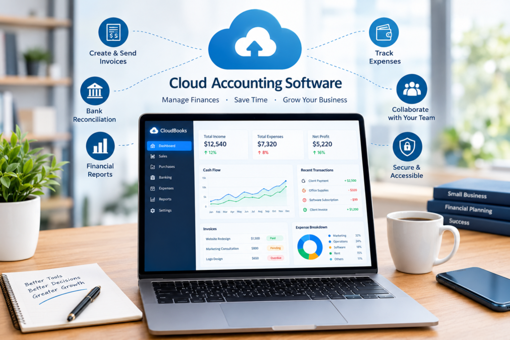 Cloud accounting software dashboard showing financial reports, expense tracking, invoice management, and cash flow analysis for small businesses.