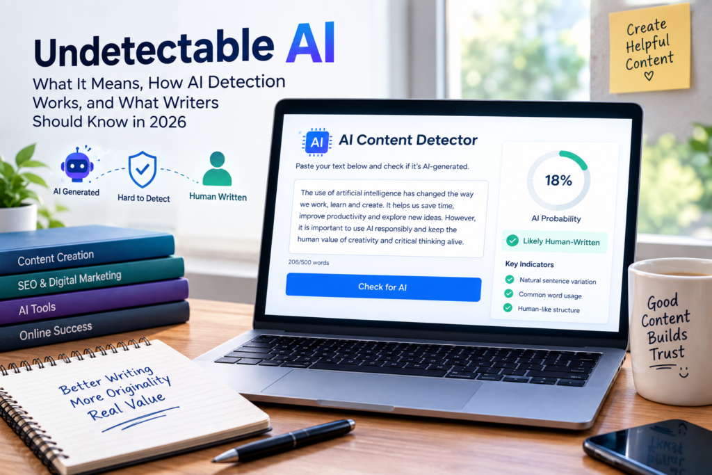 Undetectable AI: What It Means, How AI Detection Works, and What Writers Should Know in 2026 Undetectable AI and AI content detector analyzing text for AI-generated writing on a laptop