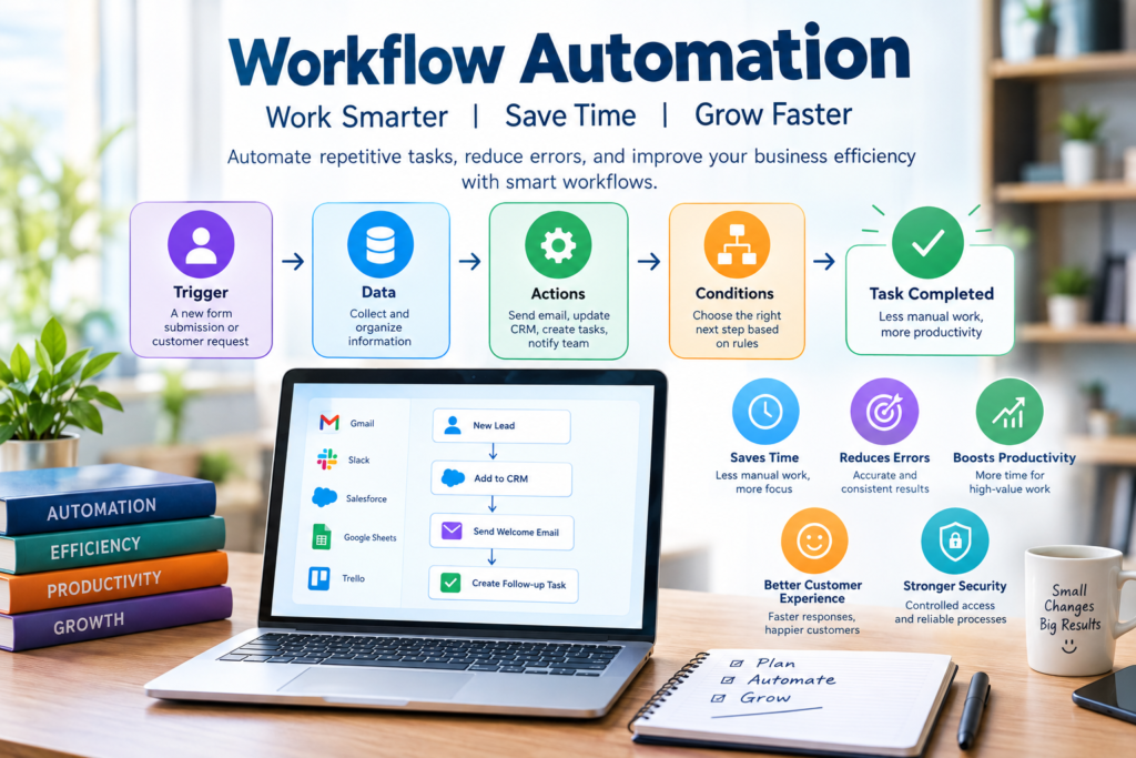 Workflow Automation in 2026: How to Automate Tasks, Save Time, and Improve Business Efficiency Workflow automation infographic showing automated business tasks, triggers, data, actions, conditions, CRM integration, time savings, reduced errors, productivity, customer experience, and security.